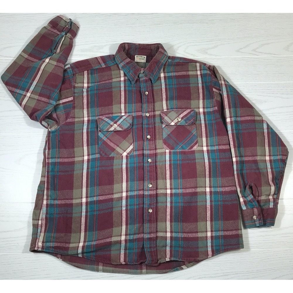 Five Brother Flannel Shirt Men 2XL Plaid Cotton Pocket Heavyweight Button Up Dad